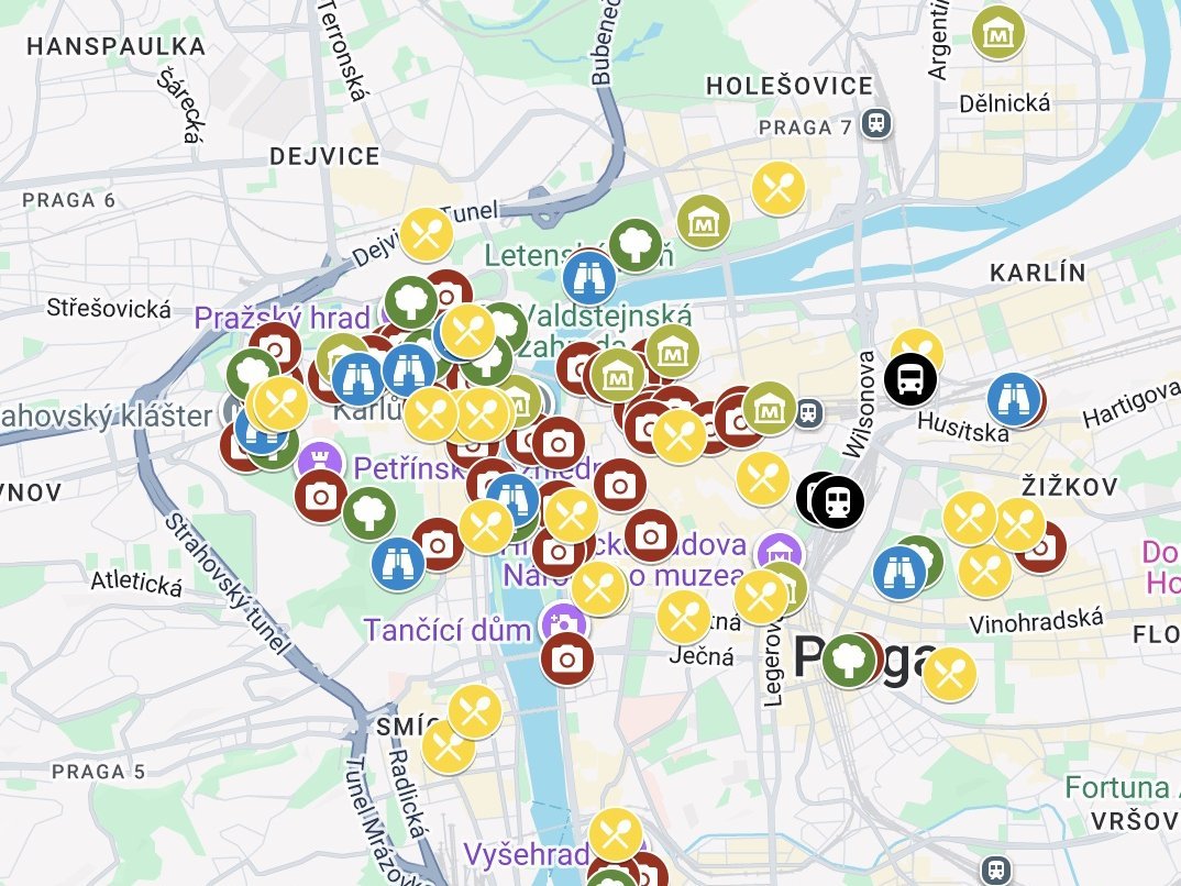 Zrzut interaktywnej mapy Pragi z pinezkami Plansy